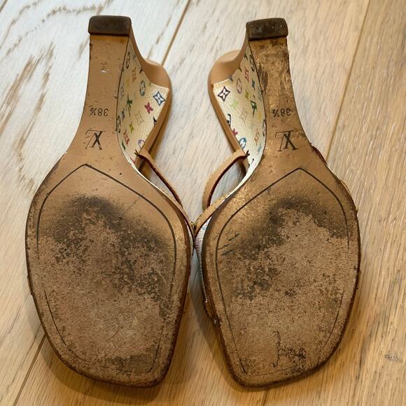 Louis Vuitton Multicolor Monogram White Leather Bow Wedge Sandals 38.5 - Picture 12 of 14